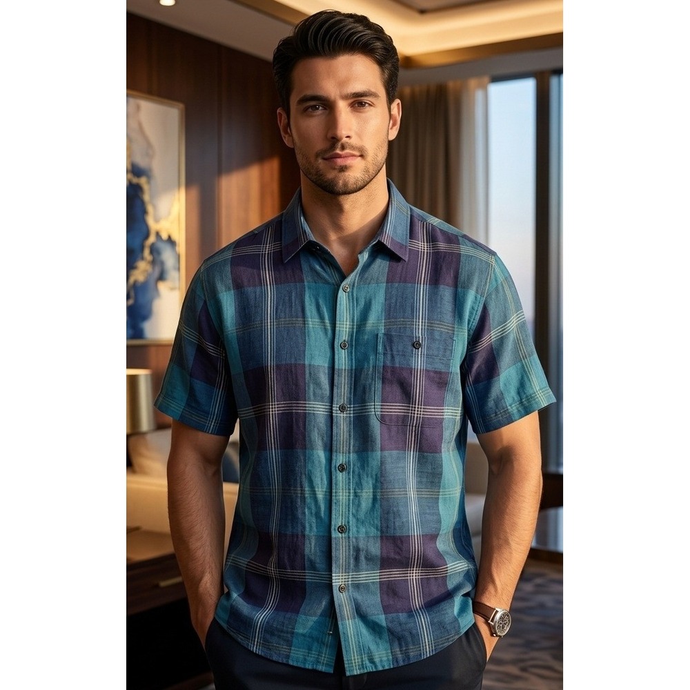 Geoffrey Beene Short Sleeve Plaid Linen Button Down Shirt Men's XL Blue Rayon
